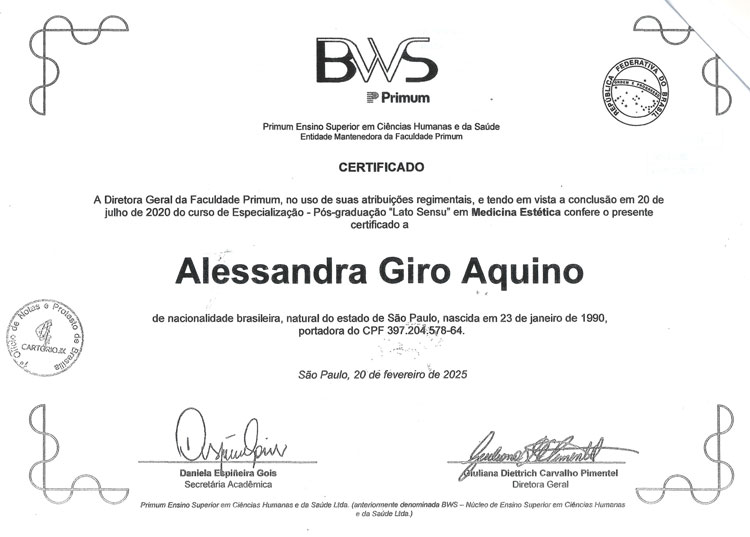 Specializzazione Post Laurea in Medicina Estetica della D.ssa Alessandra Aquino