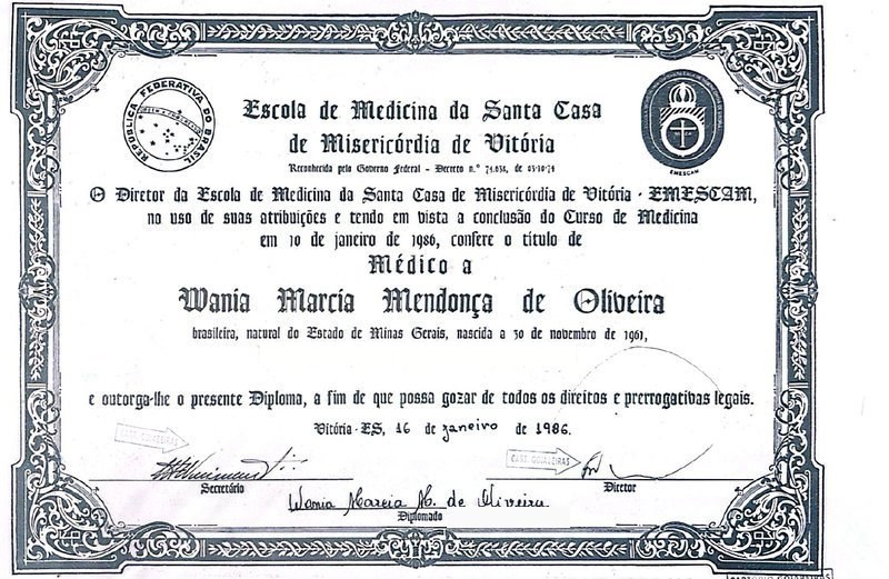 Escola de Medicina da Santa Casa de Misericórdia de Vitória, Diploma di Laurea in Medicina della Dott.ssa Wania Márcia de Oliveira Montesi