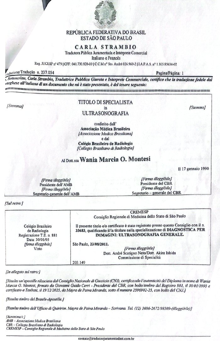 Traduzione giurata in italiano del Titolo di Specialista in Ultrasonografia della Dott.ssa Wania Márcia de Oliveira Montesi