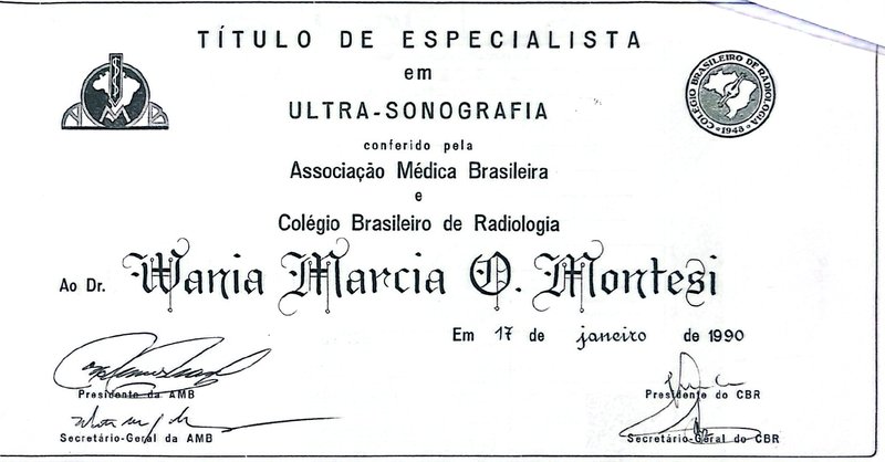 Associação Médica Brasileira e Colégio Brasileiro de Radiologia, Titolo di Specialista in Ultrasonografia della Dott.ssa Wania Márcia de Oliveira Montesi