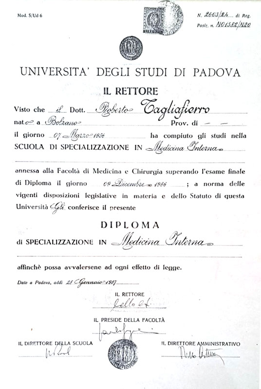 Università degli Studi di Padova, Laurea in Medicina e Chirurgia del Dott. Roberto Tagliafierro