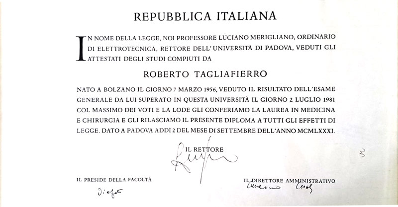 Università degli Studi di Padova, Diploma di Specializzazione in Medicina Interna del Dott. Roberto Tagliafierro